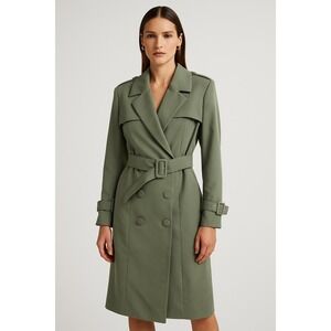 Misha Collection Olive‎ Green Sage Double Breasted Belted Trench Coat Midi US 4